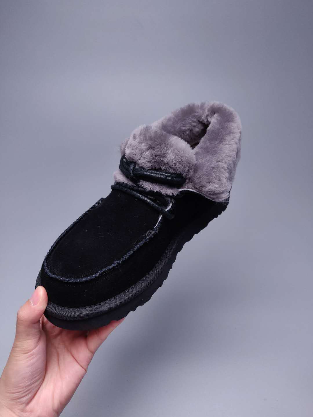 Black Lace-Up Ankle Boots with Turned-Out Fluffy Trim | 3090