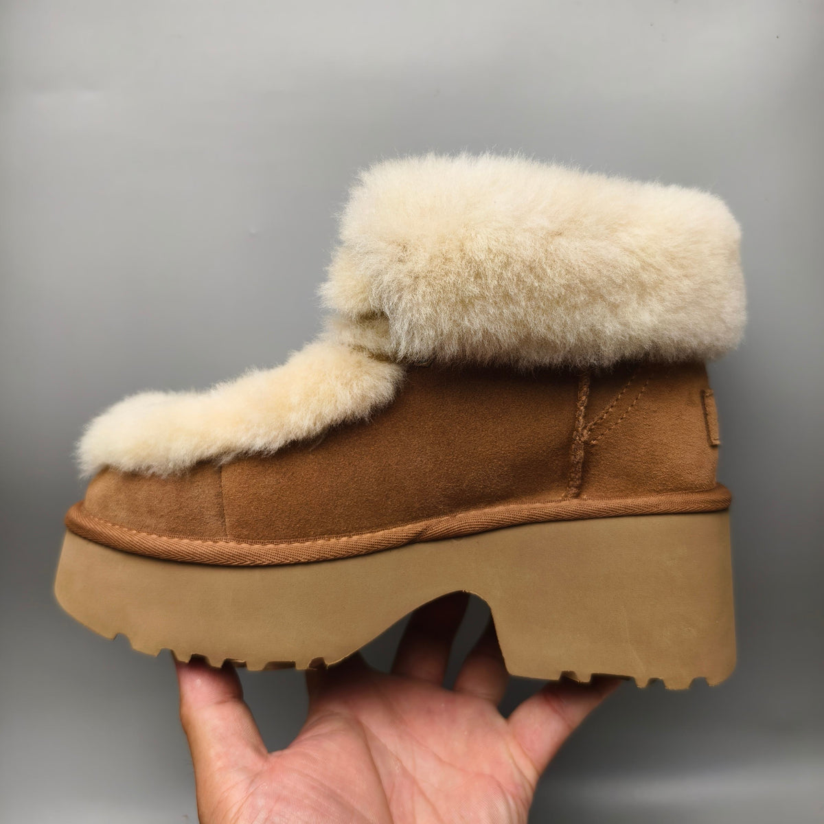Chestnut Lace-Up Wedge Ankle Boots with Fluffy Trim | 1532