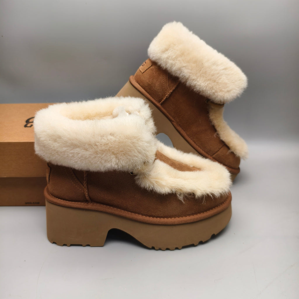 Chestnut Lace-Up Wedge Ankle Boots with Fluffy Trim | 1532