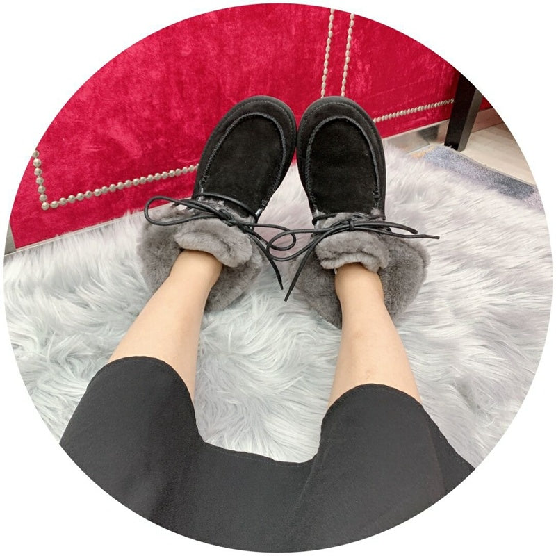 Black Lace-Up Ankle Boots with Turned-Out Fluffy Trim | 3090