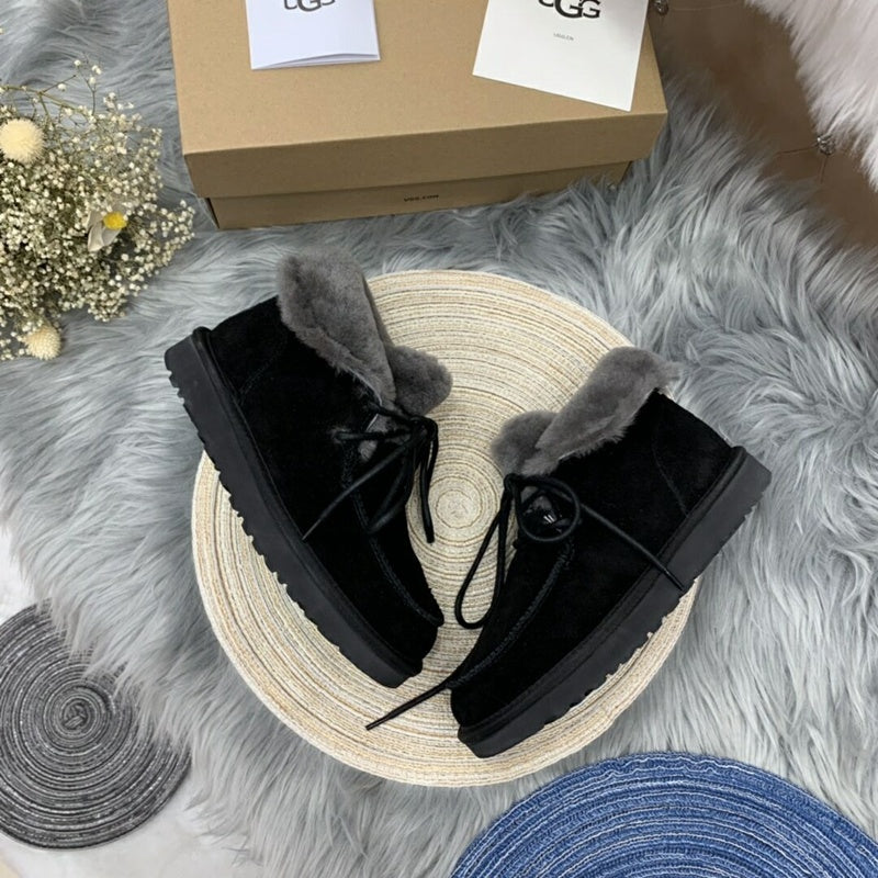 Black Lace-Up Ankle Boots with Turned-Out Fluffy Trim | 3090