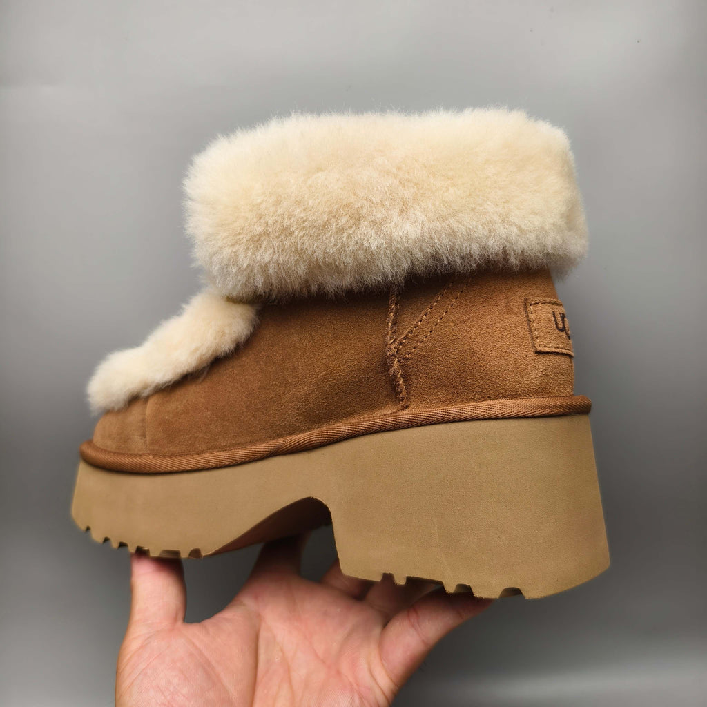 Chestnut Lace-Up Wedge Ankle Boots with Fluffy Trim | 1532