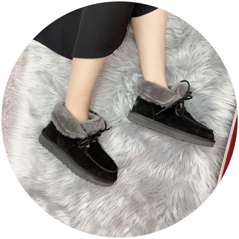 Black Lace-Up Ankle Boots with Turned-Out Fluffy Trim | 3090