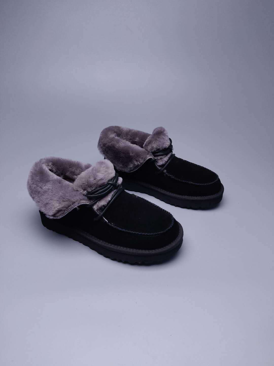 Black Lace-Up Ankle Boots with Turned-Out Fluffy Trim | 3090
