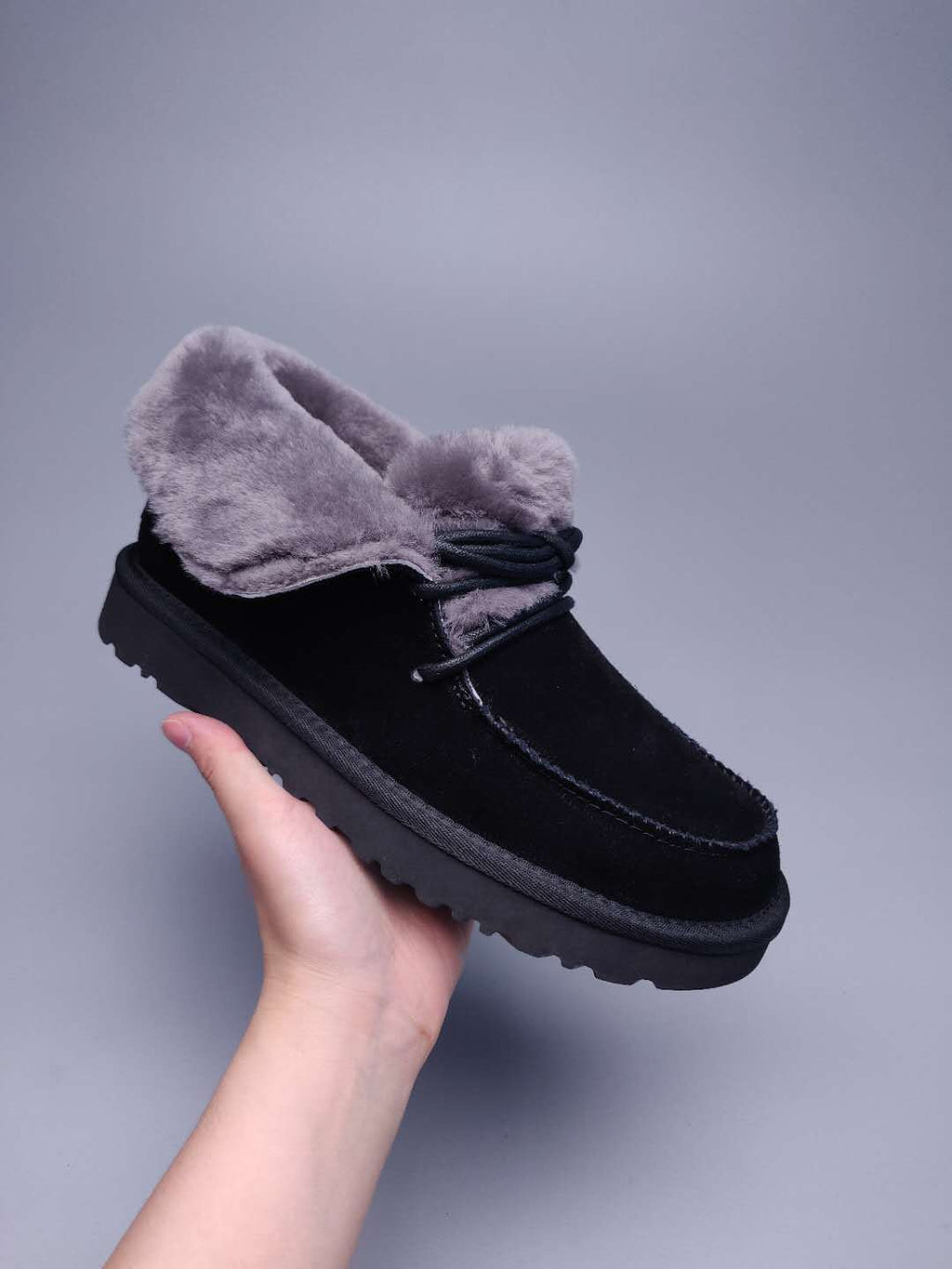 Black Lace-Up Ankle Boots with Turned-Out Fluffy Trim | 3090