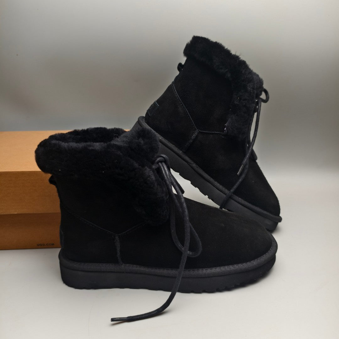 Black Lace-Up Mid-Calf Casual Boots | 4576