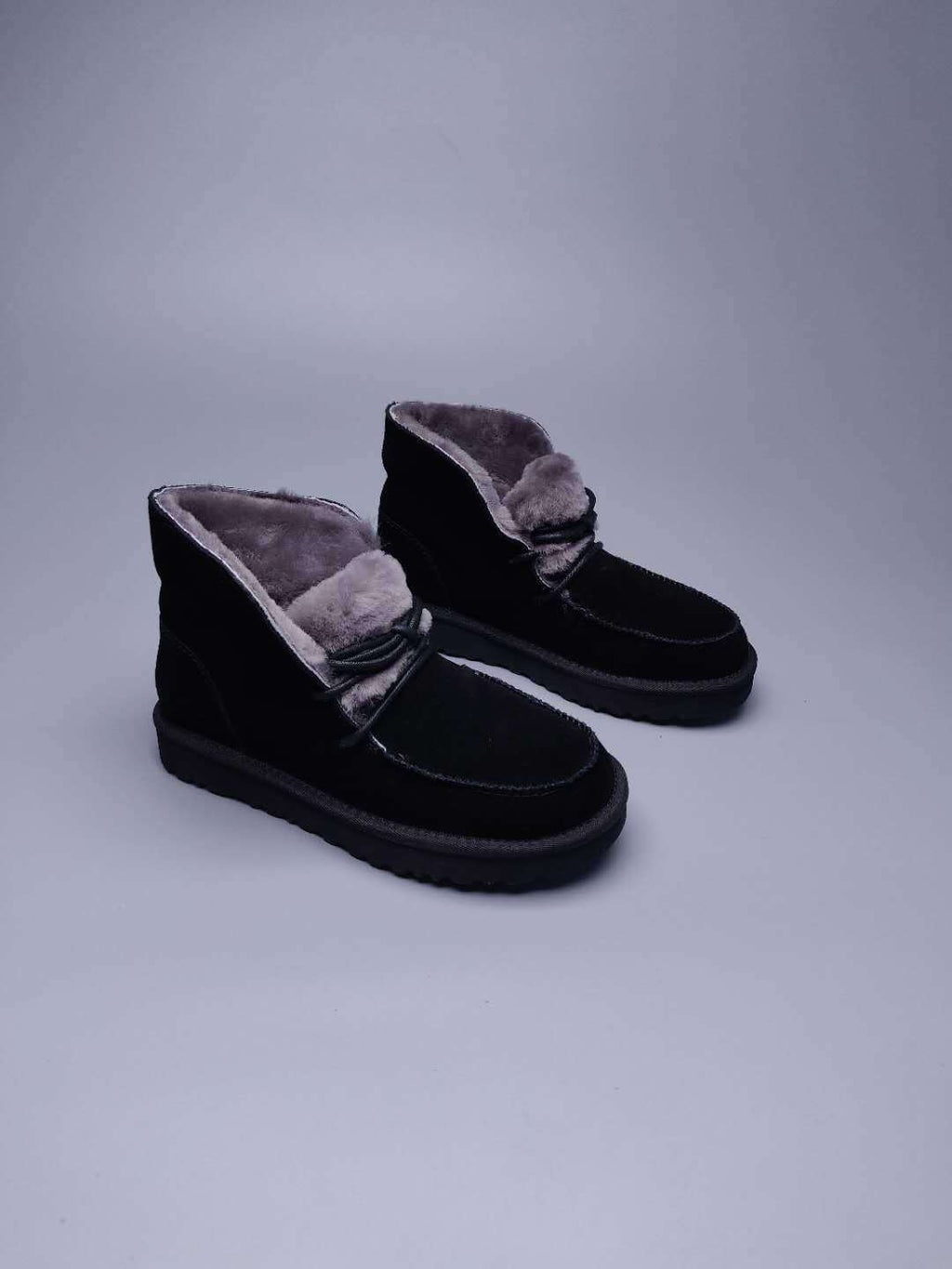 Black Lace-Up Ankle Boots with Turned-Out Fluffy Trim | 3090