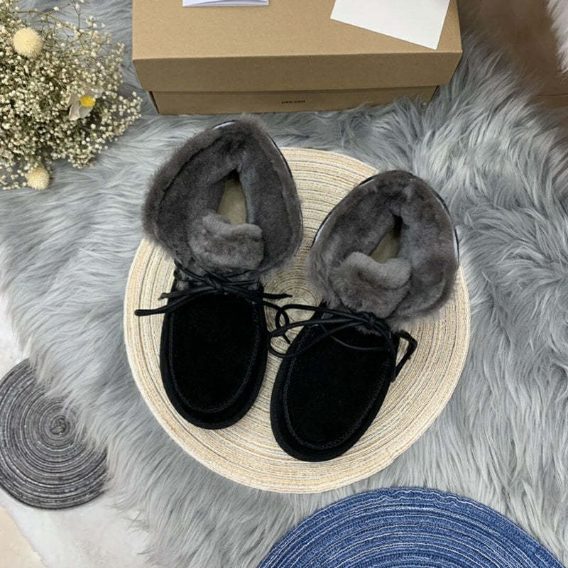 Black Lace-Up Ankle Boots with Turned-Out Fluffy Trim | 3090