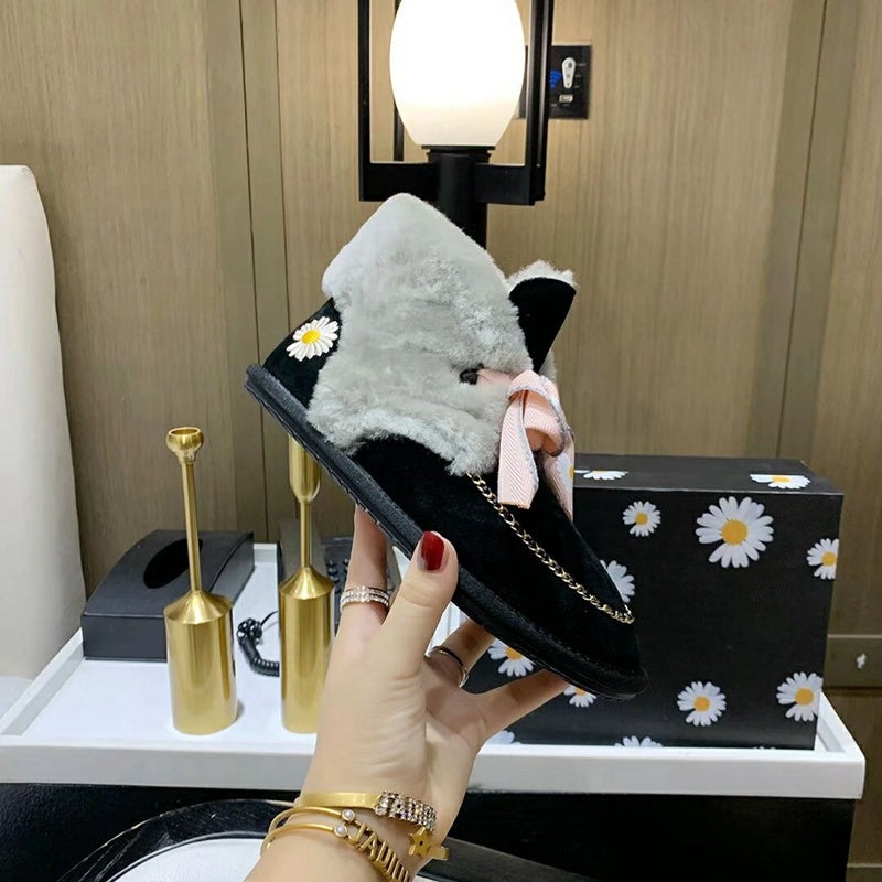 Black Daisy-Detail Shoes with Chain and Ribbon | 7888