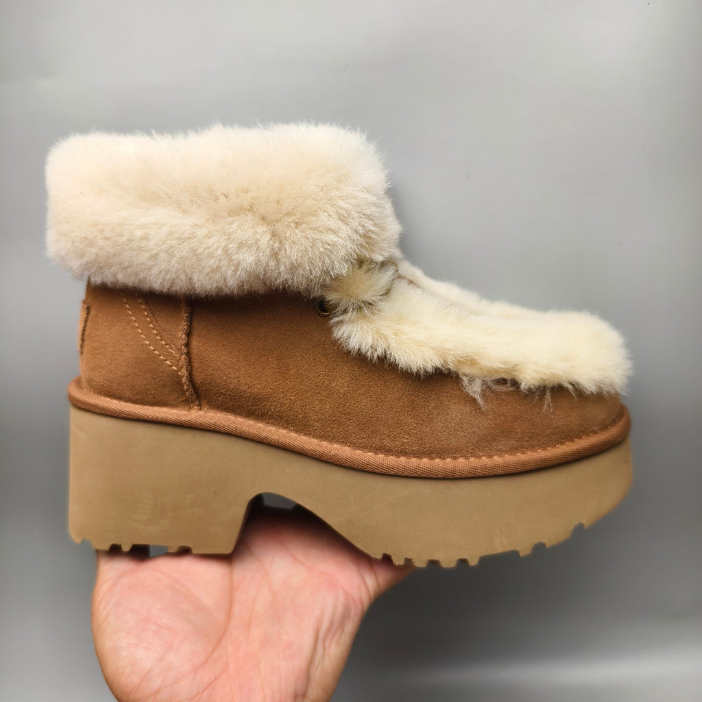 Chestnut Lace-Up Wedge Ankle Boots with Fluffy Trim | 1532