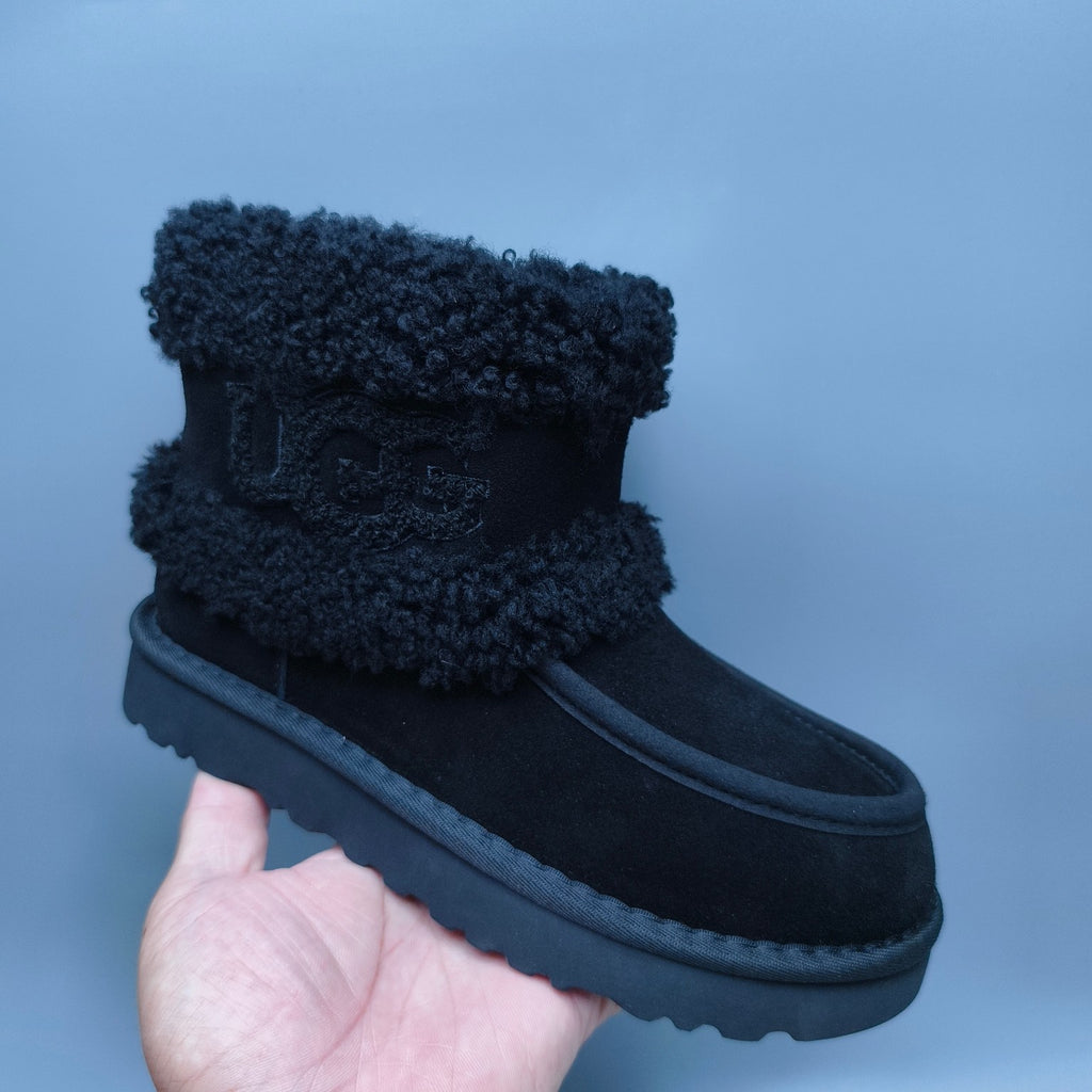 Black Curly-Textured Mid-Top Boots with Oversized Logo | 5410