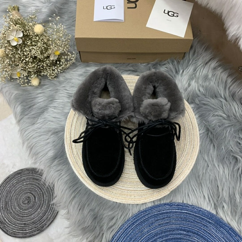 Black Lace-Up Ankle Boots with Turned-Out Fluffy Trim | 3090