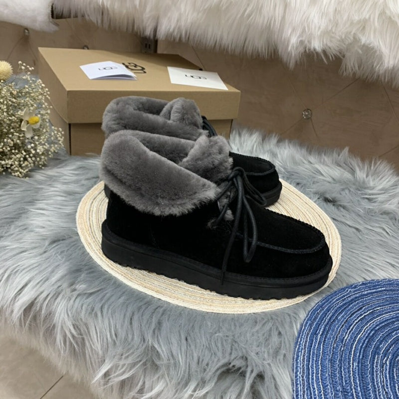 Black Lace-Up Ankle Boots with Turned-Out Fluffy Trim | 3090