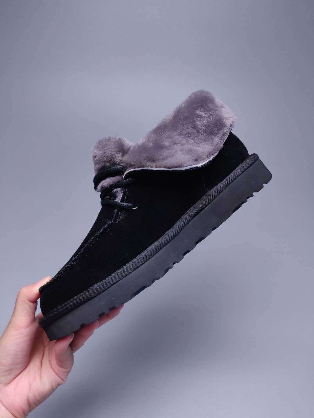 Black Lace-Up Ankle Boots with Turned-Out Fluffy Trim | 3090