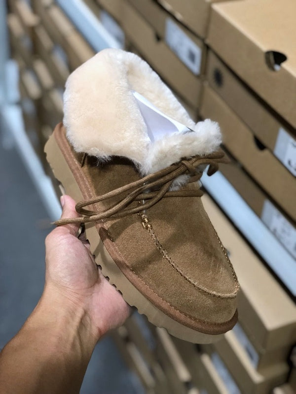 Chestnut Lace-Up Ankle Boots with Turned-Out Fluffy Trim | 3090