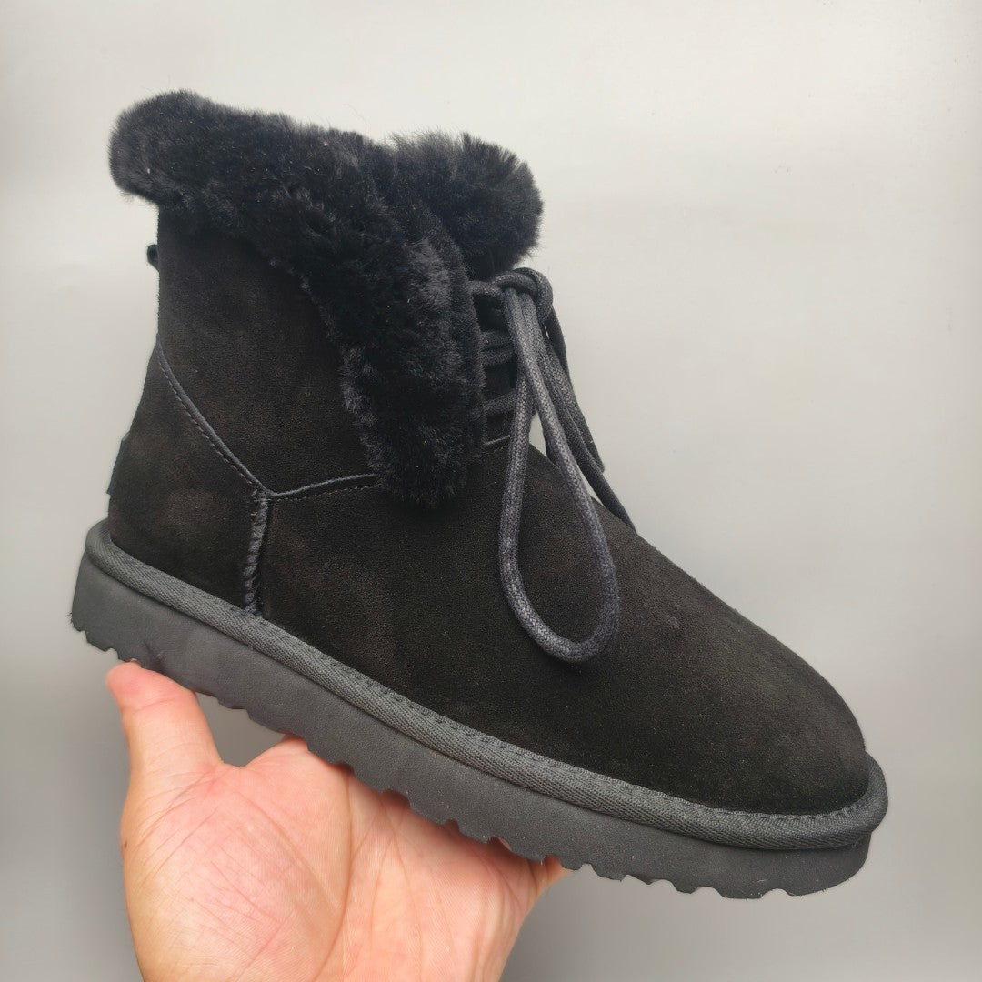 Black Lace-Up Mid-Calf Casual Boots | 4576