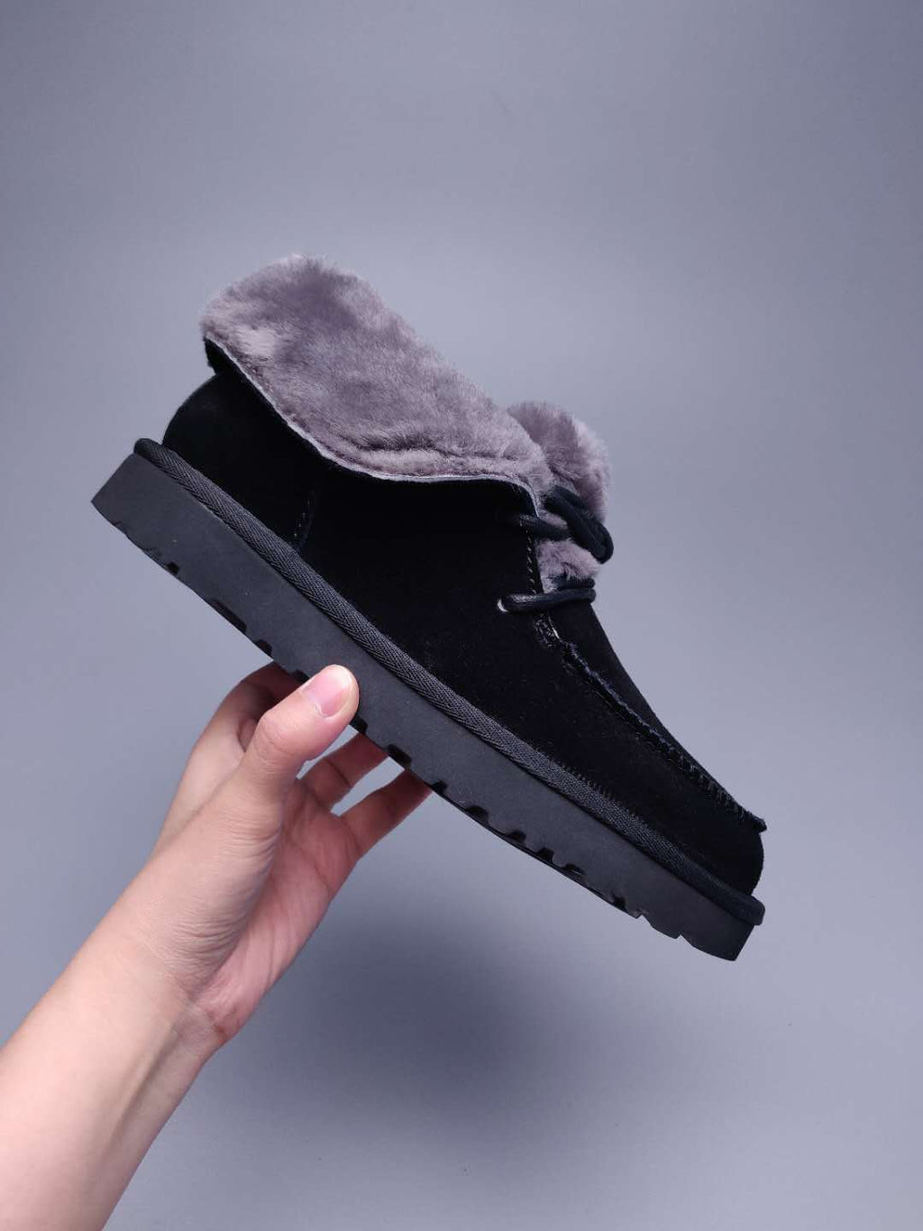 Black Lace-Up Ankle Boots with Turned-Out Fluffy Trim | 3090