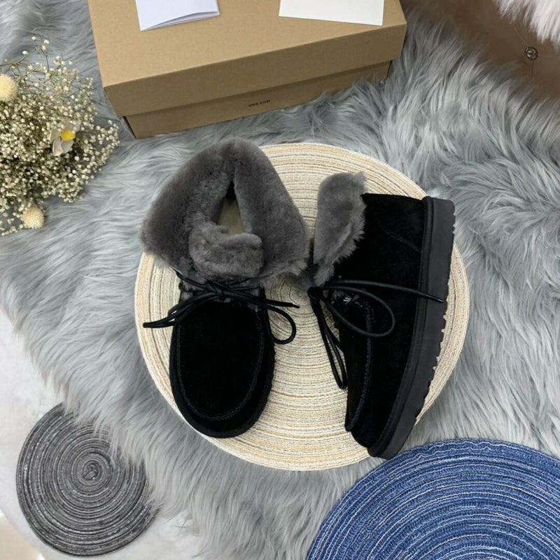 Black Lace-Up Ankle Boots with Turned-Out Fluffy Trim | 3090
