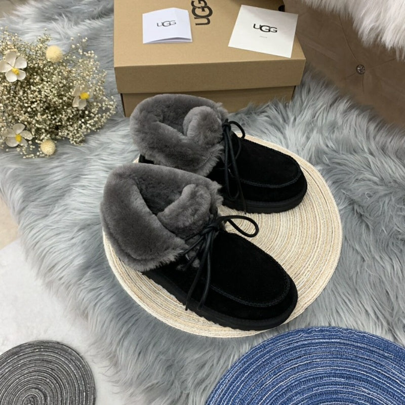 Black Lace-Up Ankle Boots with Turned-Out Fluffy Trim | 3090