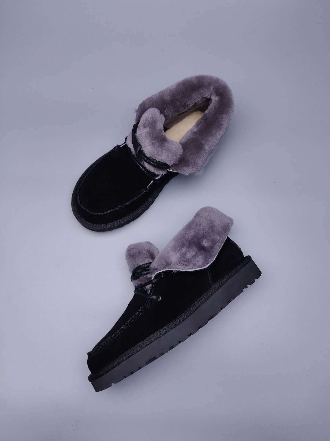 Black Lace-Up Ankle Boots with Turned-Out Fluffy Trim | 3090
