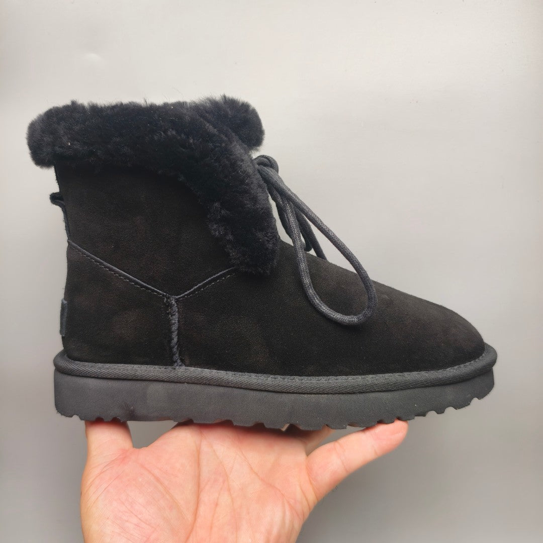 Black Lace-Up Mid-Calf Casual Boots | 4576