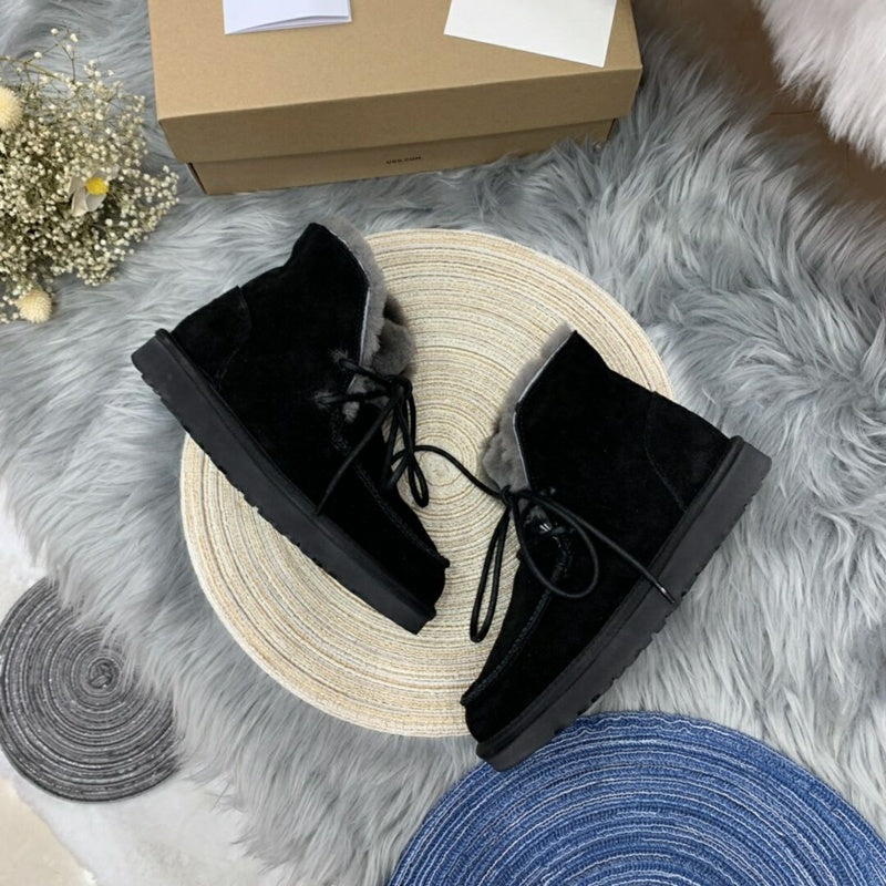 Black Lace-Up Ankle Boots with Turned-Out Fluffy Trim | 3090