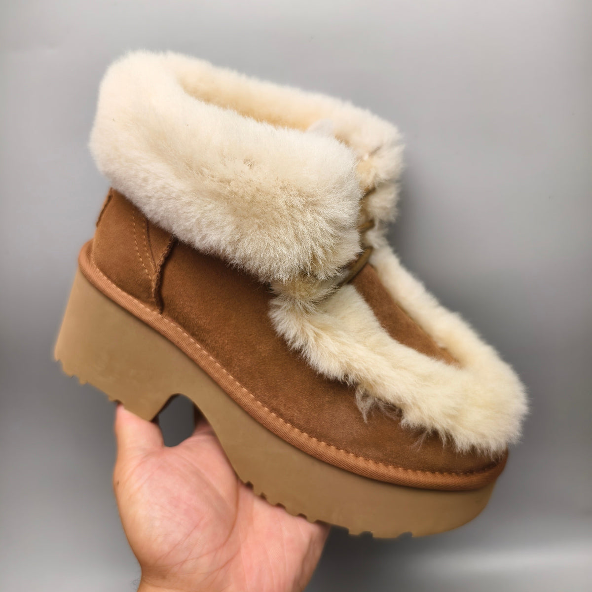 Chestnut Lace-Up Wedge Ankle Boots with Fluffy Trim | 1532