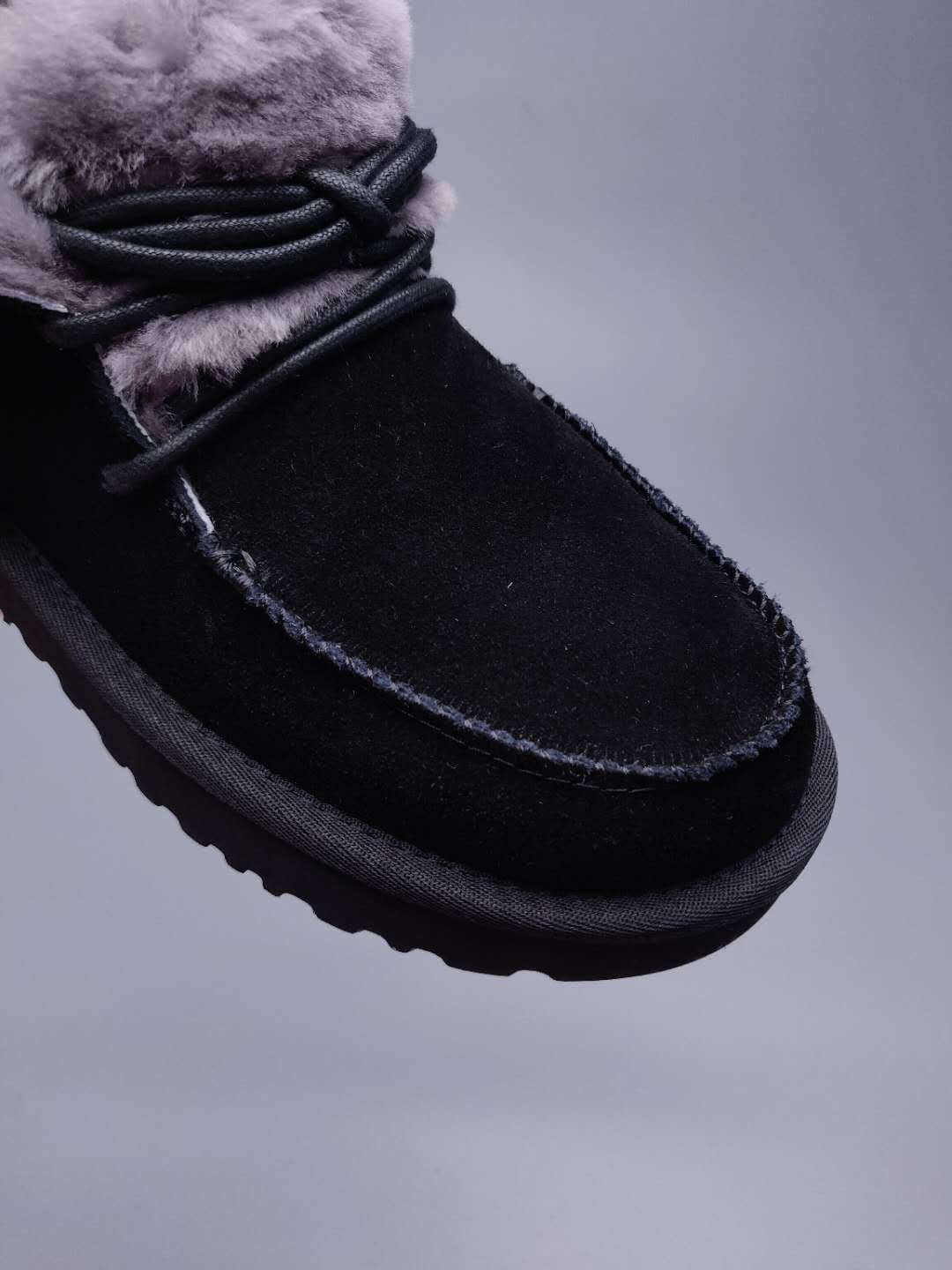 Black Lace-Up Ankle Boots with Turned-Out Fluffy Trim | 3090