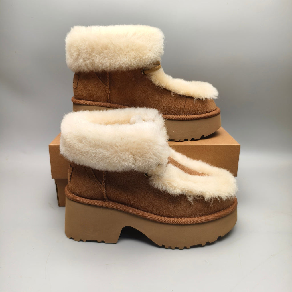 Chestnut Lace-Up Wedge Ankle Boots with Fluffy Trim | 1532