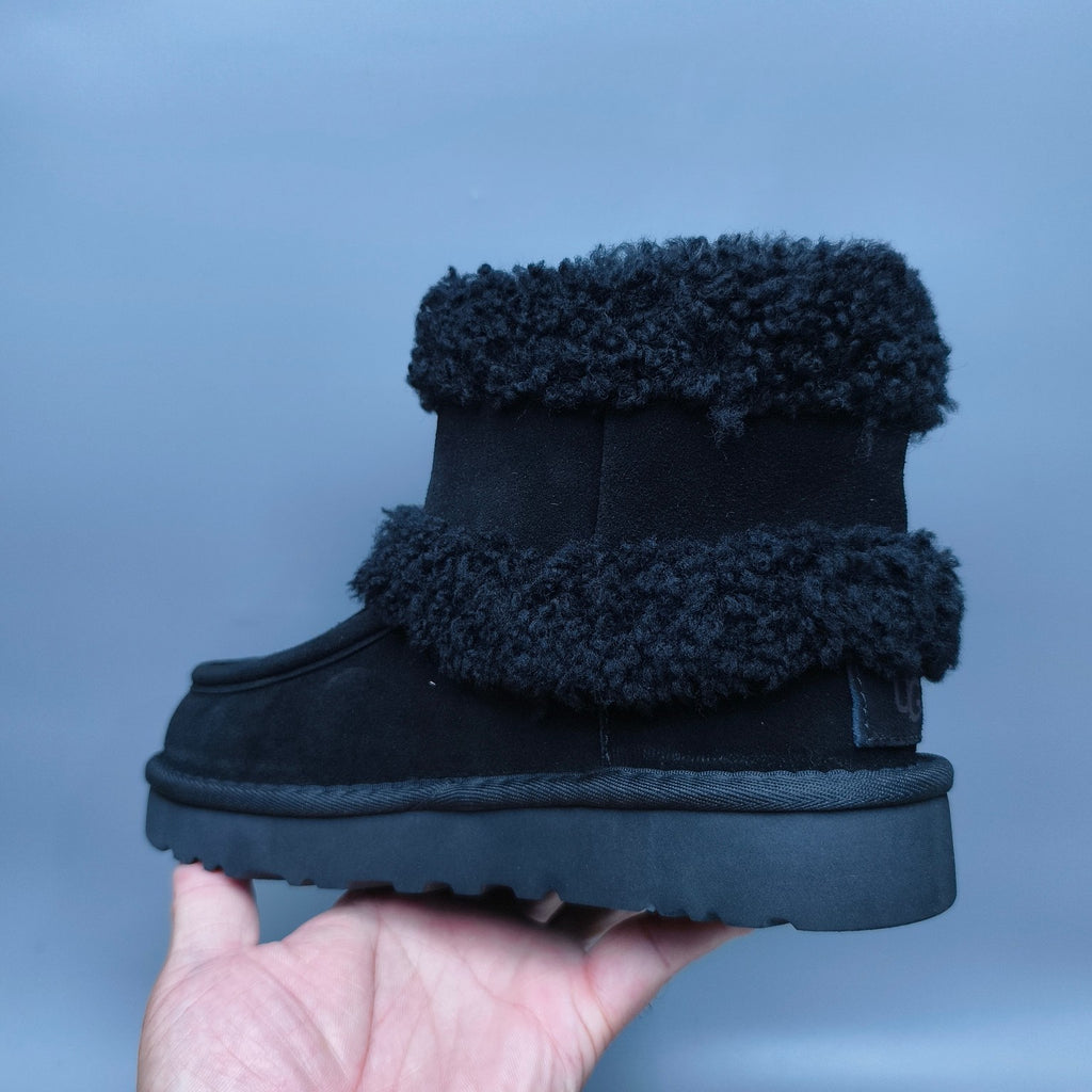 Black Curly-Textured Mid-Top Boots with Oversized Logo | 5410