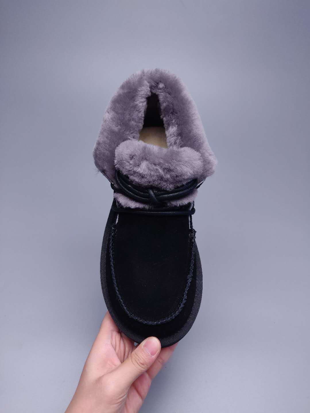 Black Lace-Up Ankle Boots with Turned-Out Fluffy Trim | 3090