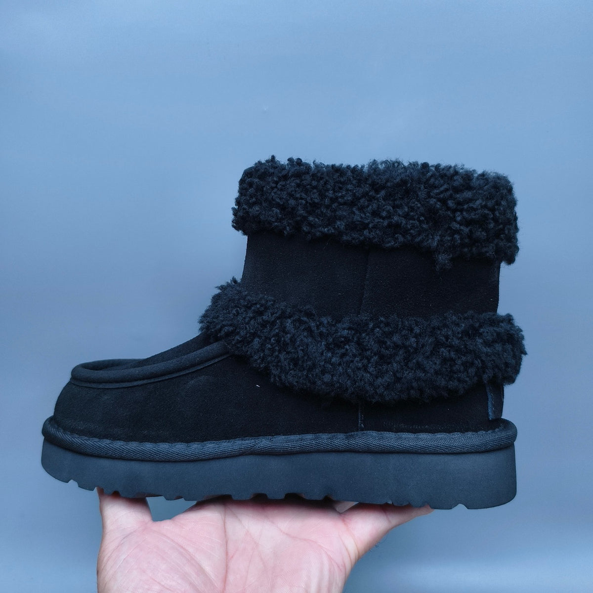 Black Curly-Textured Mid-Top Boots with Oversized Logo | 5410